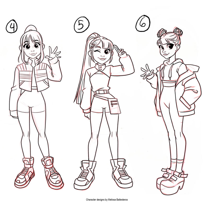 Gamer Girl — Bocetos Variantes 4-6, character design by Melissa Ballesteros
