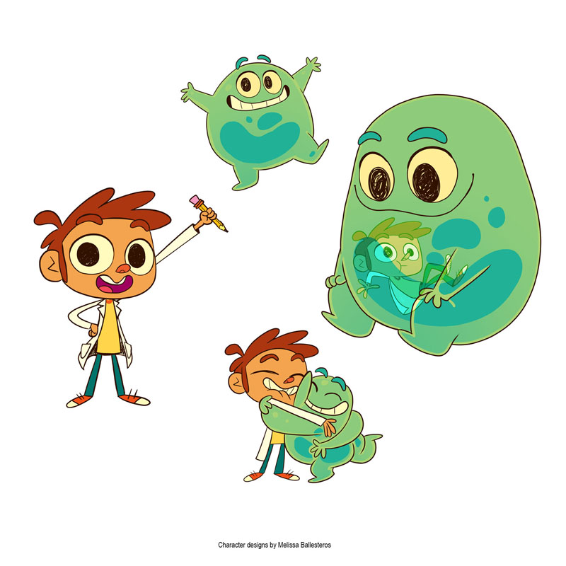 Niño Científico y Monstruo Kiwi, character design by Melissa Ballesteros