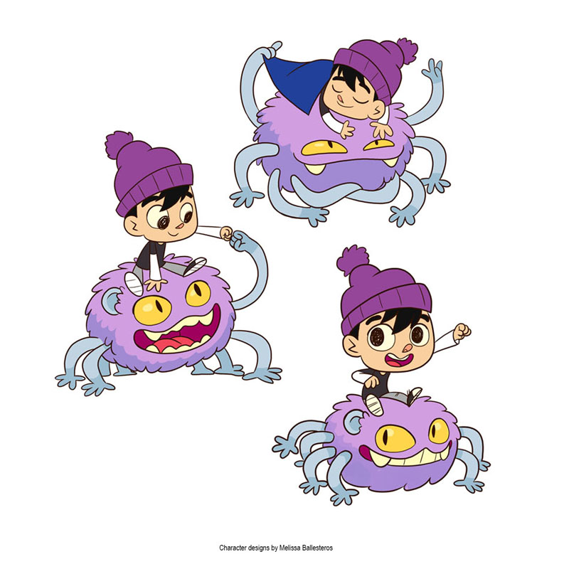 Niño y Monstruo Morado — Poses Tiernas, character design by Melissa Ballesteros