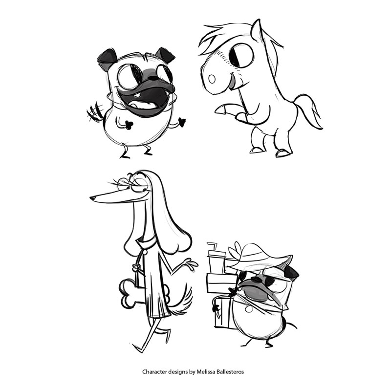 Pug y Animales — Bocetos Varios, character design by Melissa Ballesteros