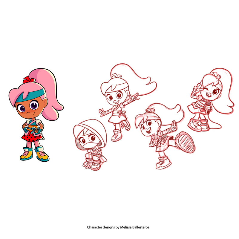 Niña Ninja con Pelo Rosa — Poses, character design by Melissa Ballesteros