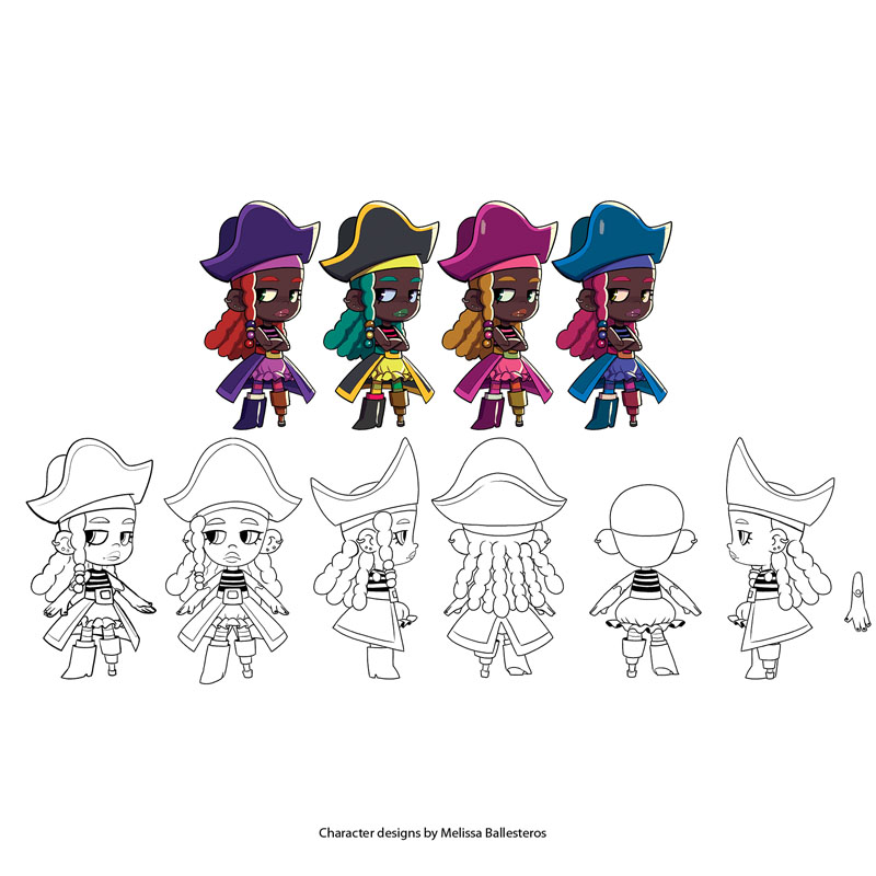 Pirata Chibi — Variantes de Color y Giro, character design by Melissa Ballesteros